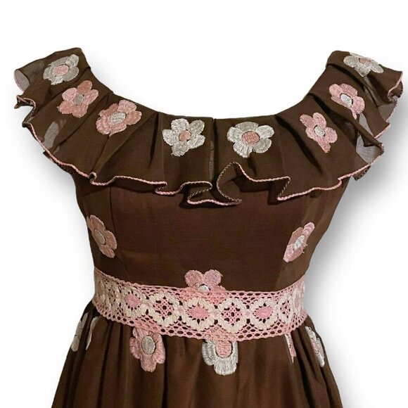 Vintage 1970s Floral Maxi Dress Sz Small Brown Pink Floral Emboidered Prom Gown - Picture 5 of 10